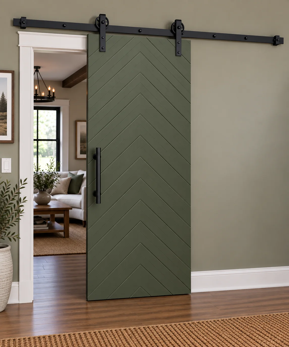 Chevron door, painted, barn hardware